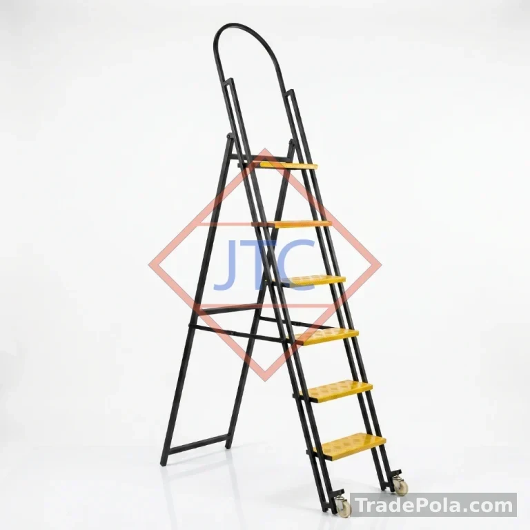 Heavy Duty Steel Mobile Step Ladder with Safety Handrail & Wheels