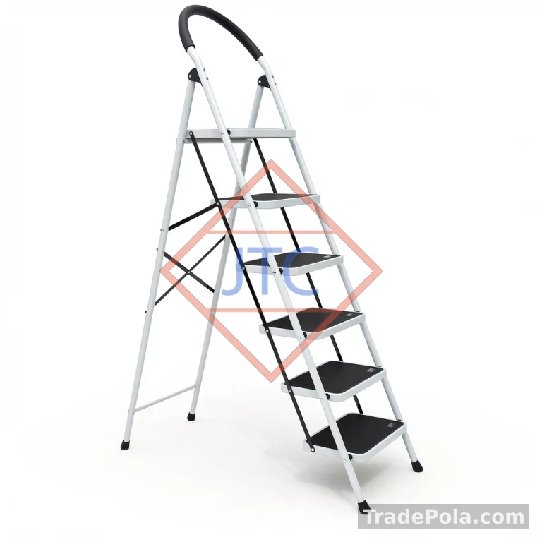 Steel Folding Step Ladder with Handrail | Wide Anti-Slip Steps – White & Black